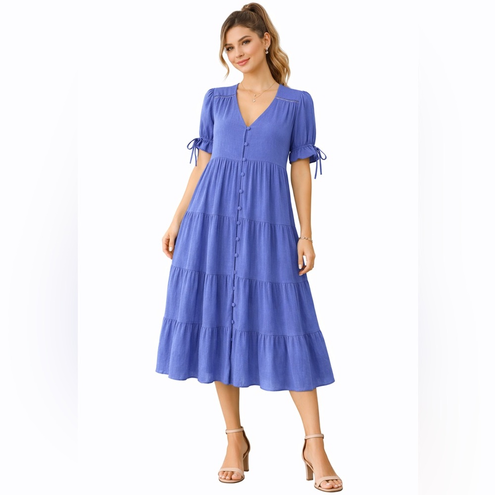 Blue Tiered Midi Dress Boho Cottagecore Button Front Puff Sleeve NWOT Small/Med - Picture 10 of 12